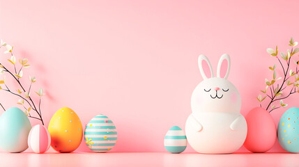 Fototapeta na wymiar Easter celebration theme with pastel colored eggs and bunny figurine on pink background. Copy space. Generative AI