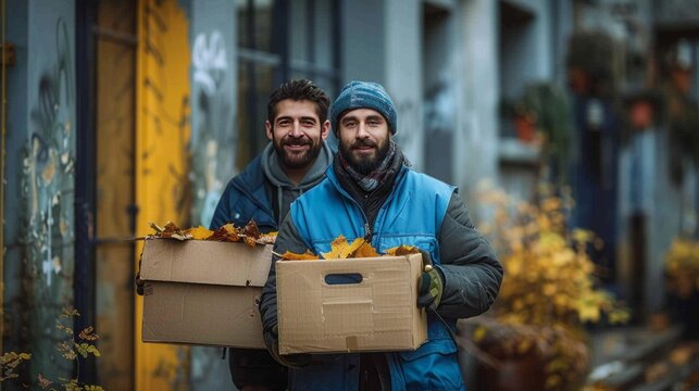 Two happy young men in blue safety vests hand to hand carry a cardboard box,