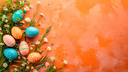 Vibrant easter eggs decorated with dots and flowers nestled in green grass with fresh daisies on a textured orange background. Easter banner with copy space. Generative AI