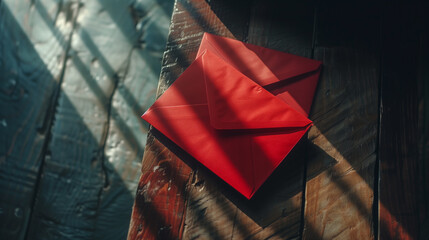 Red envelope on wooden table, vintage toned image with copy space
