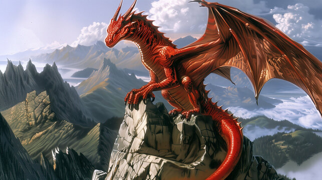 Dragon on the top of the mountain. 3d render illustration.