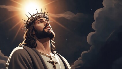 Religious scene with Jesus Christ wearing a crown of thorns looking up at heaven. Copy space. Concept of good Friday and Easter. Web banner of Christianity. Ai generation - obrazy, fototapety, plakaty