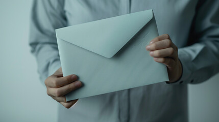Businessman holding an envelope on a gray background. Close up.