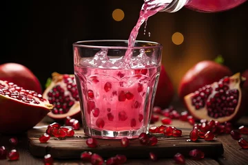 Muurstickers Pomegranate juice in a glass diluted with water and fresh pomegranate. © Niko_Dali