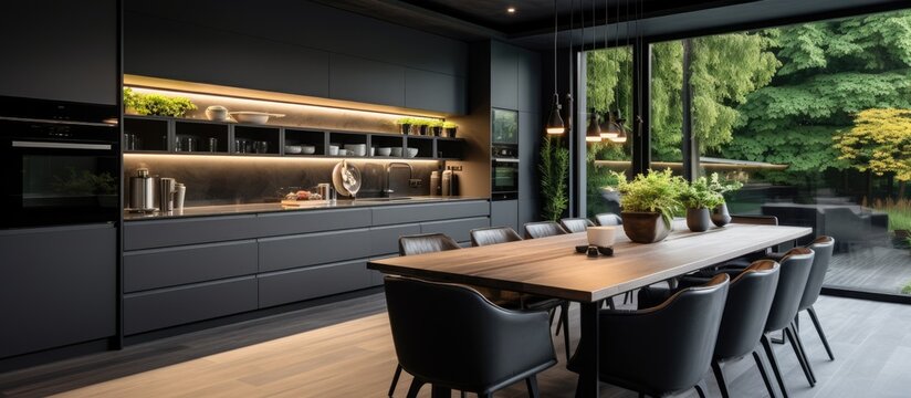 The Dining Room Features A Large Wooden Table Surrounded By Sleek Black Chairs In A Contemporary House With Stylish Kitchen Appliances And Black Cabinets.