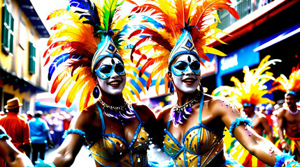 Spirit of carnival festivity. Dancers adorned in elaborate costumes adorned with feathers, sequins, and vibrant hues