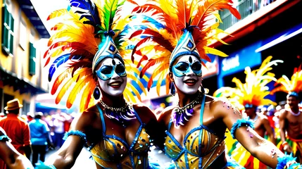 Fotobehang Carnaval Spirit of carnival festivity. Dancers adorned in elaborate costumes adorned with feathers, sequins, and vibrant hues