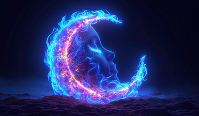 moon crescent glowing neon symbol with human face