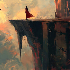 Surreal cliff-edge moment, a figure in red overlooks a dreamlike abyss,