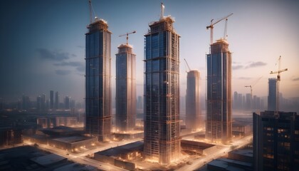 A-group-of-skyscrapers-under-construction-with-blur-and-bokeh-effect-backround