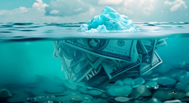 Iceberg with a visible tip of coins and a huge underwater bulk of bills