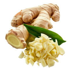 Fresh ginger rhizome with chopped green leaves, isolated on a white background.