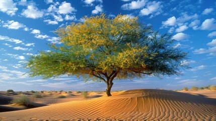 Portrait the Ghaf tree grows abundantly in the arid desert sand dunes of Arabia. generative AI image