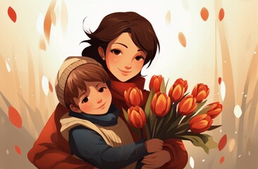 mother kissing young boy with a mother holding red tulips in their hands