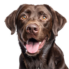 Studio headshot portrait of Chocolate Labrador retriever with quirky expression against a white background
