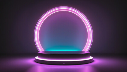 Neon Podium Background glowing light lines, pink violet colour in the dark