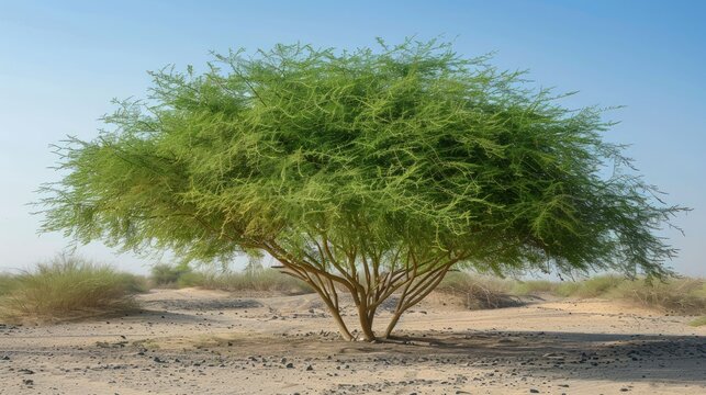 Portrait the Ghaf tree grows abundantly in the arid desert sand dunes of Arabia. generative AI image