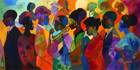 Vibrant mural art showcasing diverse figures with a focus on jazz culture