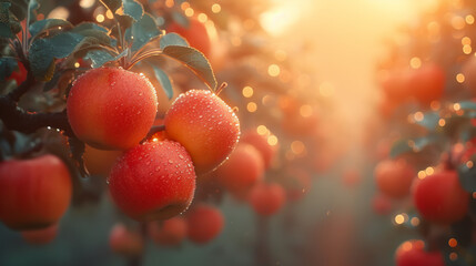golden hour in an apple orchard, Generative AI