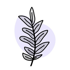 Vector doodle plant branch illustration with light purple spot on isolated background. For postcards, labels, logos.