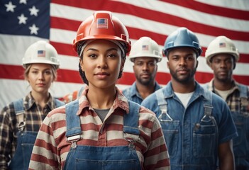 Group of multiracial working men and women in protective hardhats and overalls on background of the American flag. Labor Day, Patriotism and Democracy concept. Ai generation