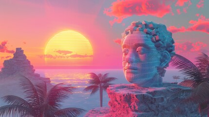 cover banner art, styled in vaporwave, showcasing cultural artifacts and elements of tropical baroque, presented in both virtual and augmented reality