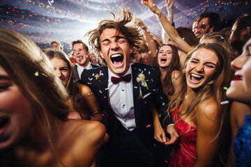 Exuberant graduate celebrates with friends at a party - obrazy, fototapety, plakaty