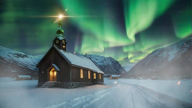 The ancient wooden church stands resilient in the Antarctic snow.
