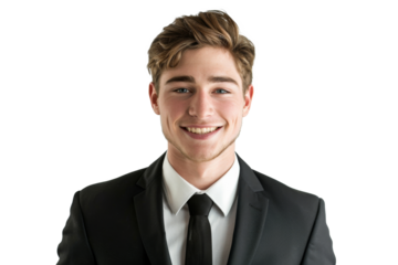 Studio portrait of handsome Caucasian Americana businessman wear formal suit and necktie with a beautiful smiling isolated on transparent png background, CEO manager with smart look.