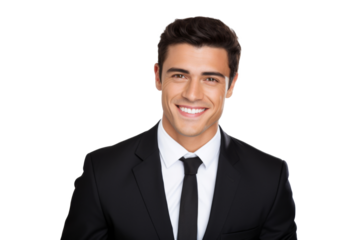 Studio portrait of handsome Caucasian Americana businessman wear formal suit and necktie with a beautiful smiling isolated on transparent png background, CEO manager with smart look.