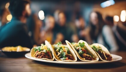 tacos with blured group of friends in background