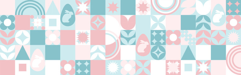 Seamless background for the spring holiday of Easter with a texture of circles and squares. Mosaic with geometric shapes, pastel background with eggs and hares.