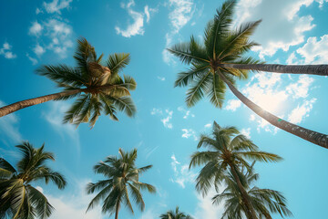  palm trees on blue sky clouds. wide angle, angle from bottom to top