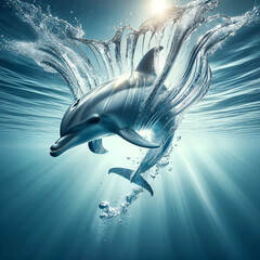 A dolphin plunging into crystal clear water. Generative AI.
