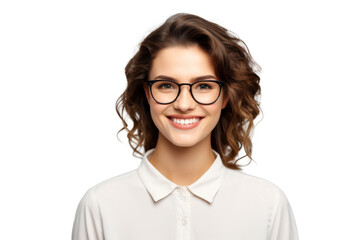 Studio portrait of a beautiful young Caucasian Americana business woman wear glasses and casual shirt with an attractive smile, isolated on transparent png background.