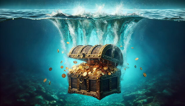 Treasure chest plunging into water.  Generative AI.