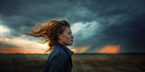 young woman in the windy weather