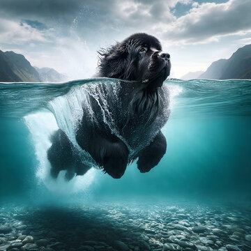 Newfoundland Dog plunging into water. Generative AI.