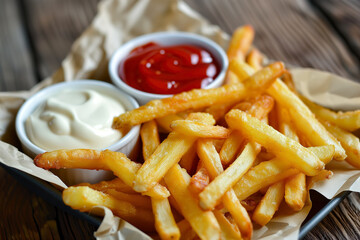 French fries fast food meal eating snack with ketchup and mayonnaise - 748903906