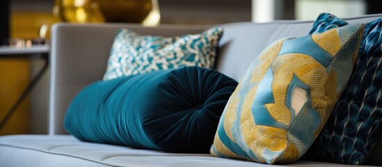 This close-up shows a modern couch with colorful pillows neatly arranged on it. The cushions are soft and inviting, adding a touch of comfort to the sleek design of the furniture.