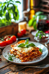 Lasagne bolognese pasta meal eating lunch with basil tomatoes and cheese on a plate portrait format - 748903945