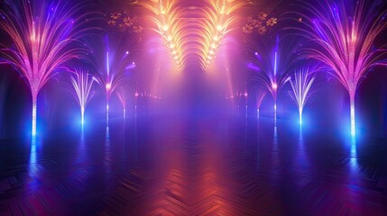 This image depicts a captivating scene where multiple brilliant and colorful light projections resembling palm trees are displayed symmetrically on either side of a dark room. The floor appears to be  - obrazy, fototapety, plakaty
