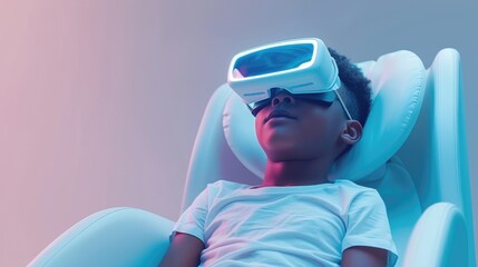 A person lounges comfortably in a modern chair with their head resting back and eyes closed, fully immersed in a virtual reality experience facilitated by the sleek VR headset they are wearing, with t