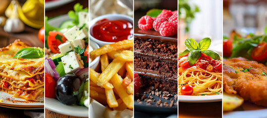 Food background collection meals collage with salad lasagne spaghetti french fries and cake - obrazy, fototapety, plakaty
