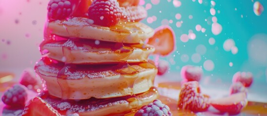 The image showcases a tantalizing close-up of a fluffy stack of pancakes adorned with glistening, succulent berries, including what appears to be strawberries and raspberries. The pancakes are generou - obrazy, fototapety, plakaty