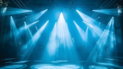 Electrifying atmosphere at a nightclub illuminated by dynamic blue lighting effects. Concept Nightclub Lighting, Blue Effects, Electrifying Atmosphere, Dance Floor Vibes