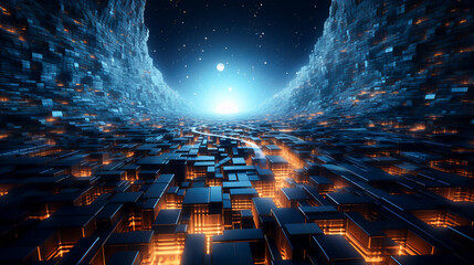 A 3D realm where cybernetic lumberjacks craft mosaics their harmonicas distorting space with fractal waves