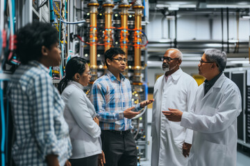 Diverse researchers engaged in a discussion while standing in front of a large, advanced quantum computing system. - obrazy, fototapety, plakaty