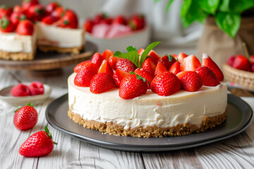 New York American strawberry cheesecake with strawberries fruits dessert on a plate - 748904171