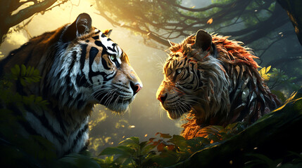 A 3Drendered world where the majestic tiger and gentle deer coexist illustrating an unlikely alliance style hyperrealistic - obrazy, fototapety, plakaty